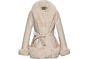 AOWITH Winter Warm Faux Fur Leather Collar Jacket for Women Long Sleeve Coat With Pockets and Belt
