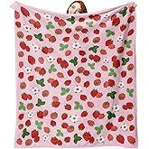 Zzkol Pink Strawberry Flannel Throw Blanket, Red Pink Fruit Floral Birthday Gifts for Kids Girls Women Adults Teen, Spring Summer Flowers Soft Blankets for Bedding Sofa 50" x 60"