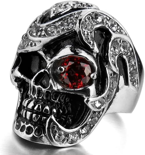 MunkiMix Acero Inoxidable Anillo Ring Cz Cubic Zirconia Circonita El Tono De Plata Negro Rojo Cráneo Calavera Hombre