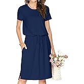 Womens Summer Pockets Modest Casual Midi Knee Length Dress Solid Navy L