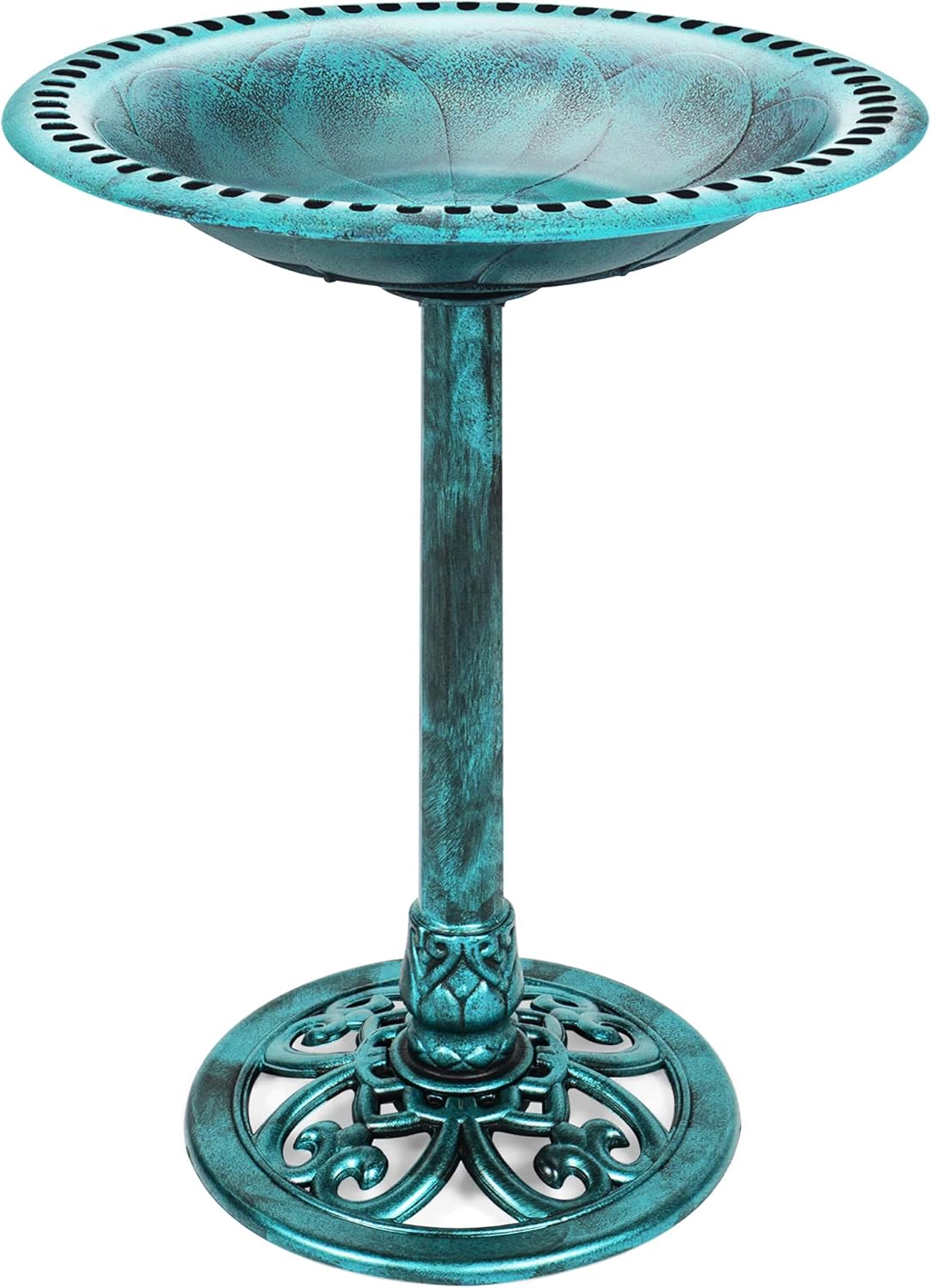 Backyard Birding & Wildlife - Best Choice Products 28in Pedestal Bird Bath, Vintage Outdoor Resin Accent Decoration w/Fleur-de-Lis Accents - Green