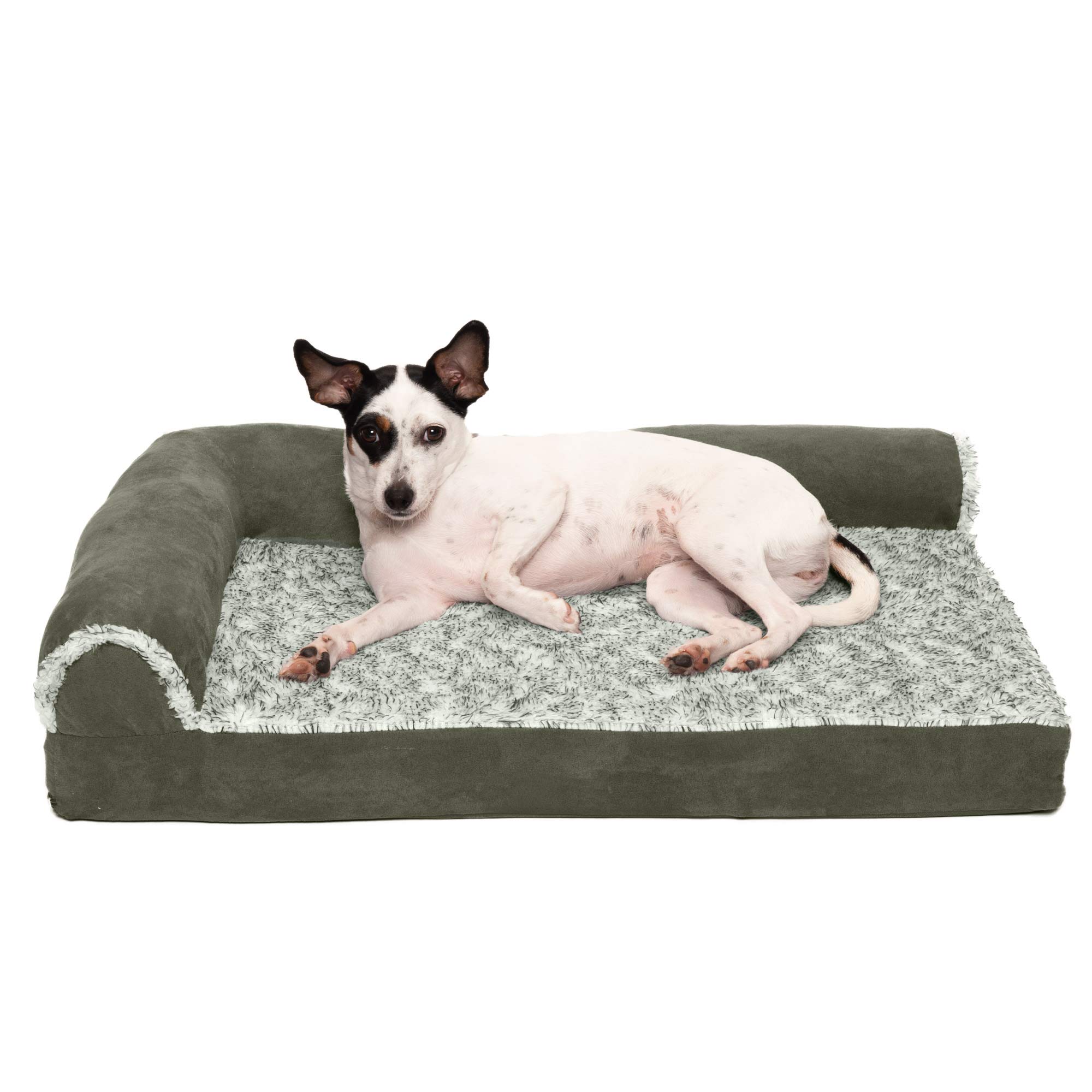 FurHaven Medium Memory Foam Dog Bed Two-Tone Faux Fur & Suede L Shaped Chaise w/Removable Washable Cover - Dark Sage, Medium