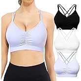 VEQKING Ruched Sports Bras for Women Large Bust, Seamless Padded Strappy Medium Support Yoga Bra, 3 Pack