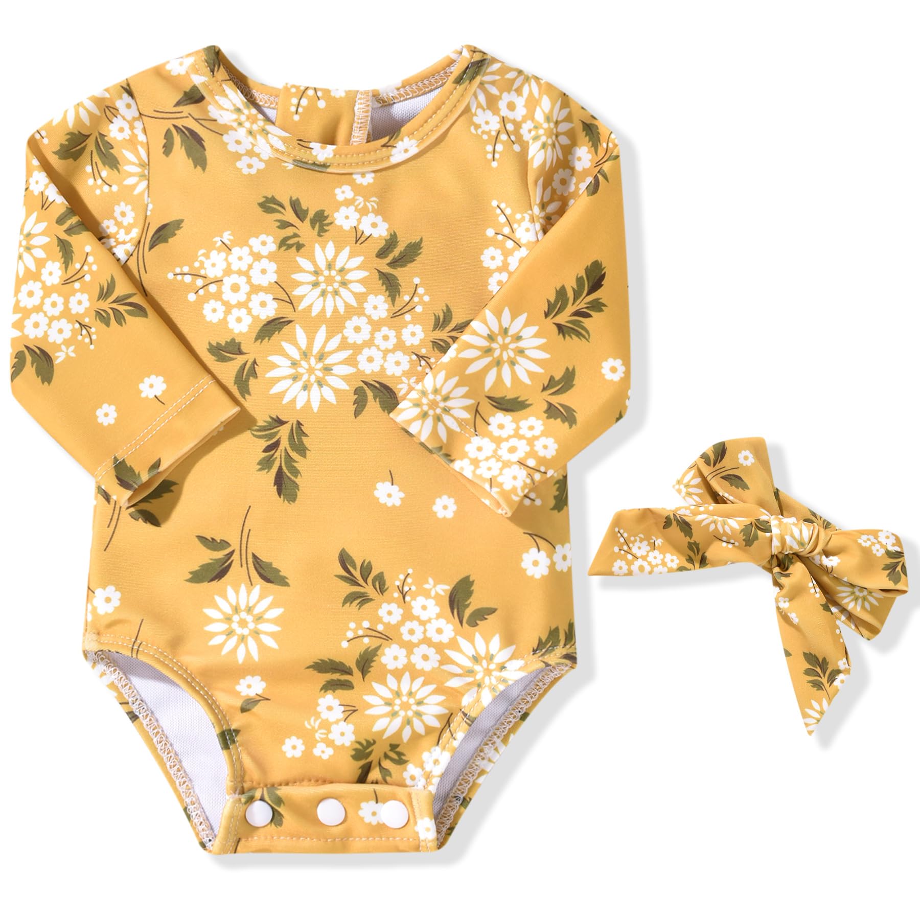 Photo 1 of Newborn Infant Baby Girls One Piece Long Sleeve Swimsuit Floral Bathing Suit Swimwear Swimming Beach Wear NB Flower Yellow