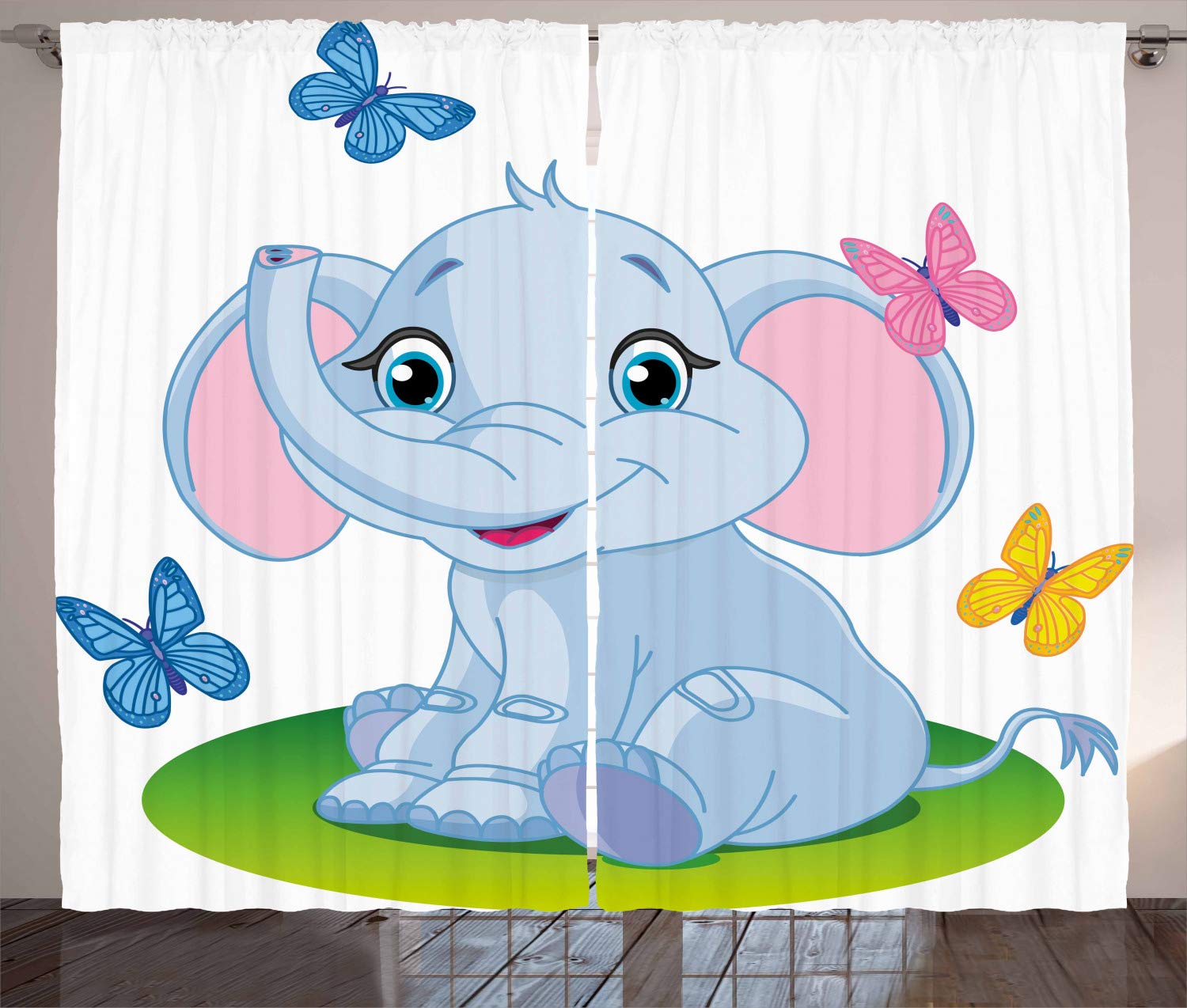 ABAKUHAUS Nursery Curtains, Baby Elephant Sitting on the Meadow in Spring Time with Butterflies, Living Room Bedroom Window Drapes 2 Panel Set, 96 L X 110 W, Baby Blue Pink Green
