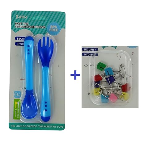 xcluma Baby Safety Silicone Temperature Sensing Spoon and Fork Set with Baby Safety Pin -Blue