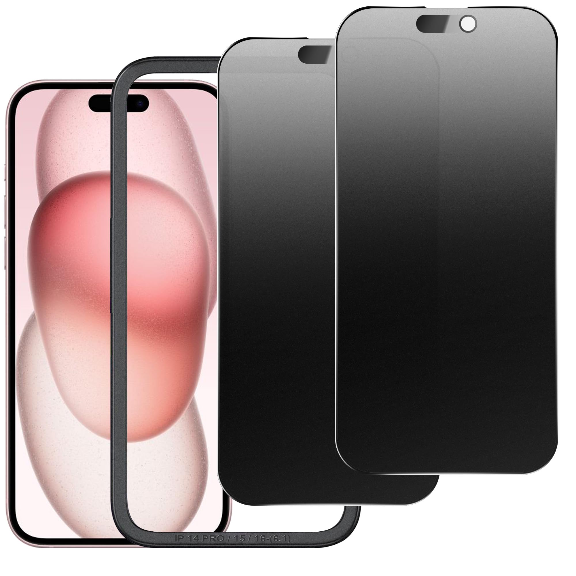 KUARMOR 2 Pack Matte Privacy Screen Protector for iPhone 16/15/14 Pro 6.1",Anti-Glare Anti-Spy Scratch Resistant Tempered Glass Film,Smooth Responsive Touch Anti-Scratch Glass，Easy to Install