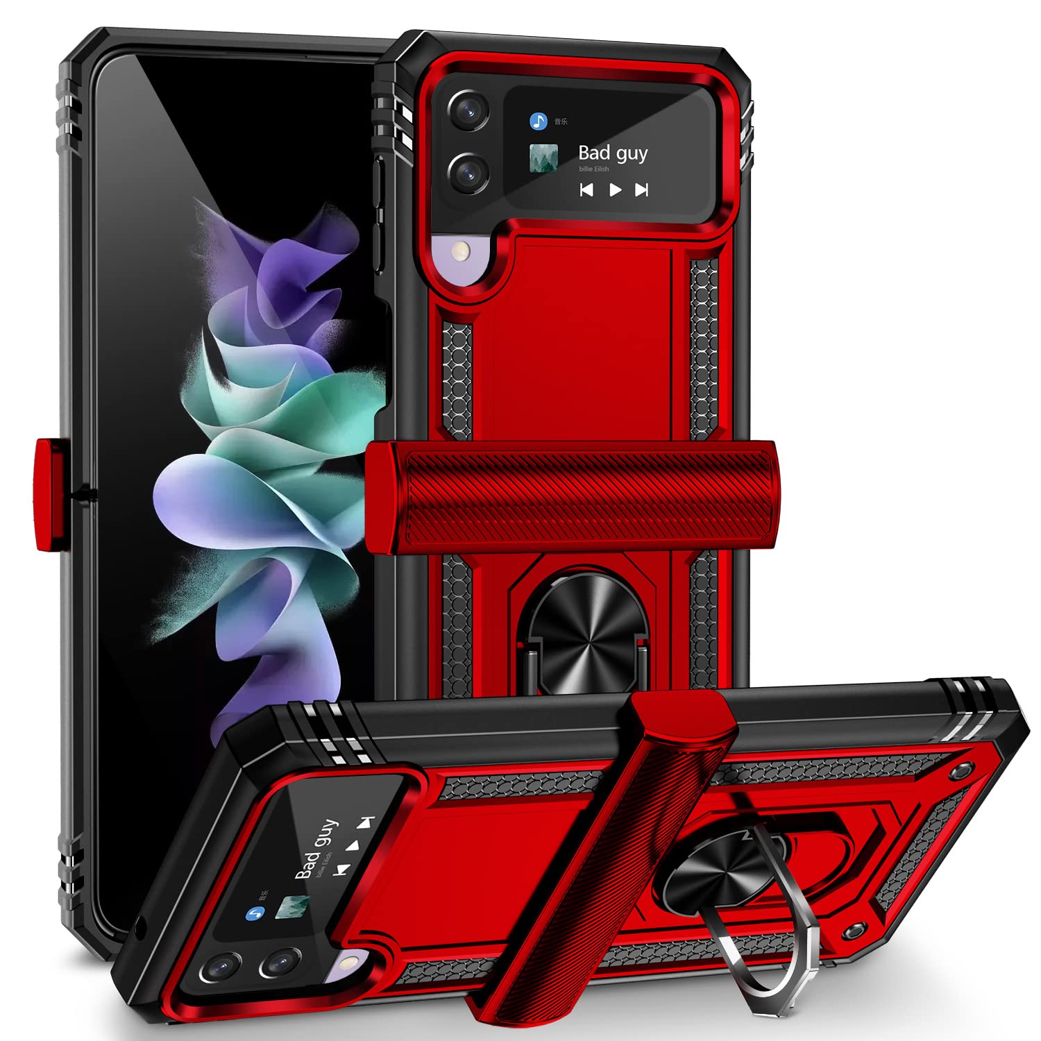 ONOLA Compatible with Samsung Galaxy Z Flip 4/3 Case with Hinge Protection and 360°Rotate Ring Magnetic Kickstand Heavy Duty Protective Case for Galaxy Z Flip 3/4 (Red)