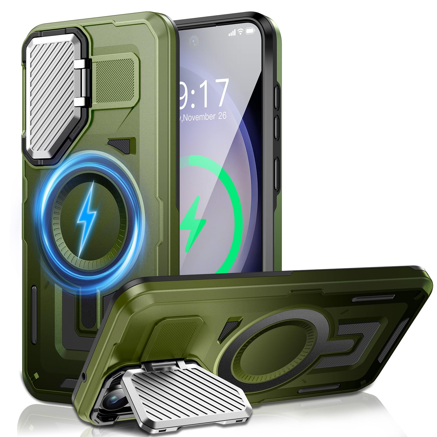 WASTROYAL Camera Stand Case for Galaxy S23 FE, [Compatible with Mag Safe][Lens Cover] 2024 Version Military Grade Protective Soft Case for Samsung Galaxy S23 FE 6.4" Men Women, Green