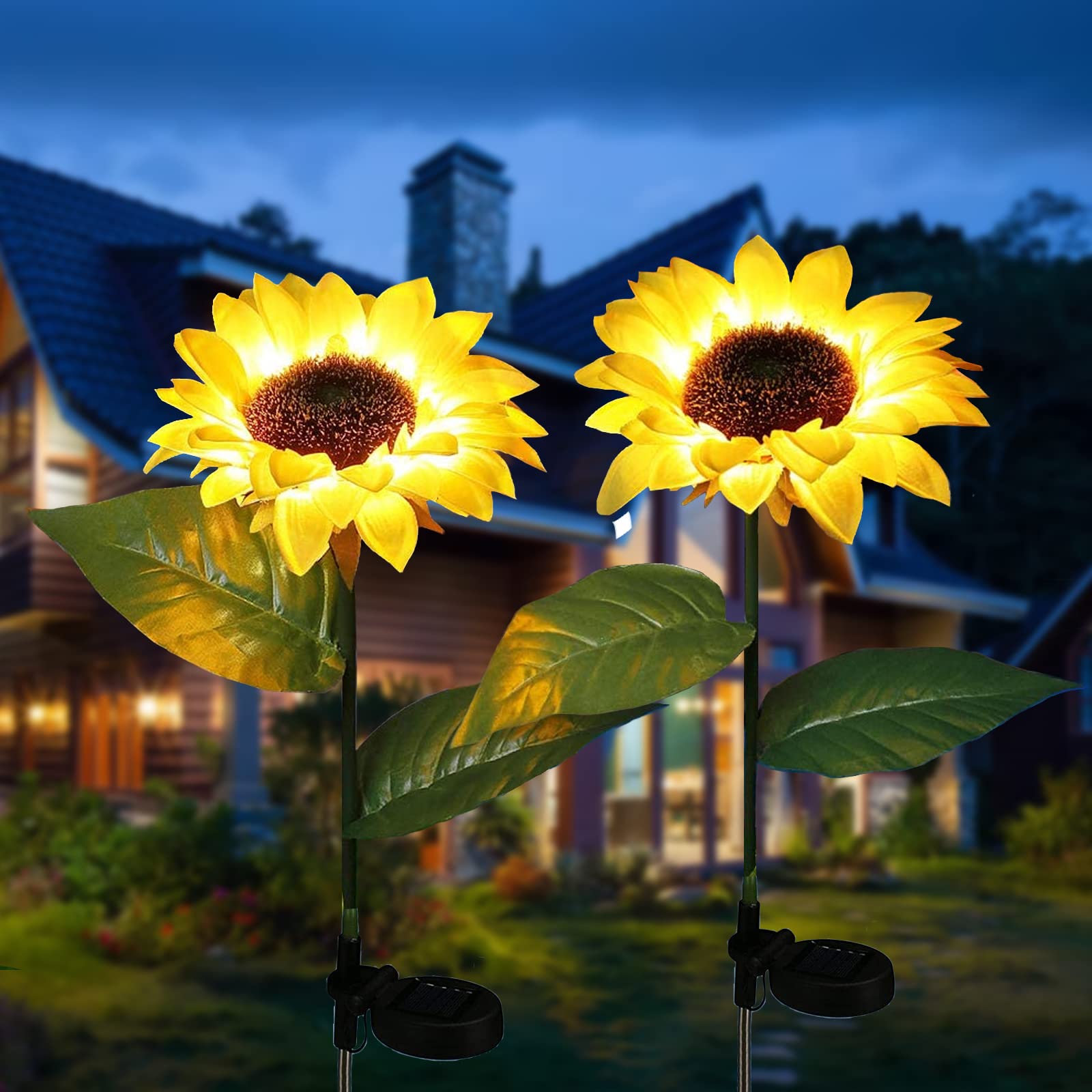 ZQX Solar Lights Outdoor Garden Ornaments 2 Pack Sunflower Solar Lights Solar Powered Waterproof Artificial Flowers Stake Light Decorations for Garden Lawn Courtyard Porch Flower Bed (Warm White)