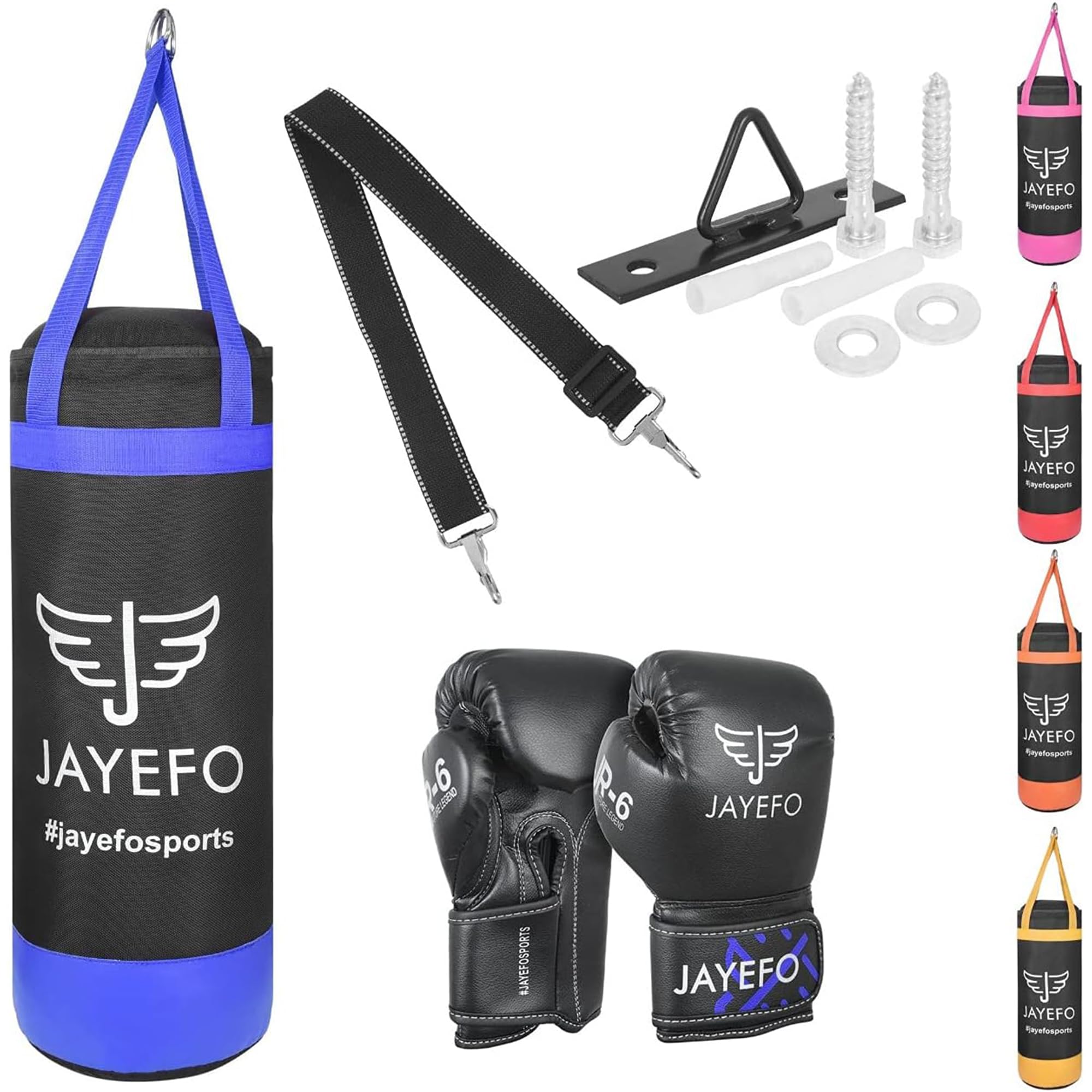 Jayefo Kids Punching Bag Set - 5 pcs Childrens Punch Bag and R-6 Gloves Set for MMA, Kickboxing, Muay Thai & Karate, Adjustable Length Hanging Straps Include | Best Gift for Kids Immunity