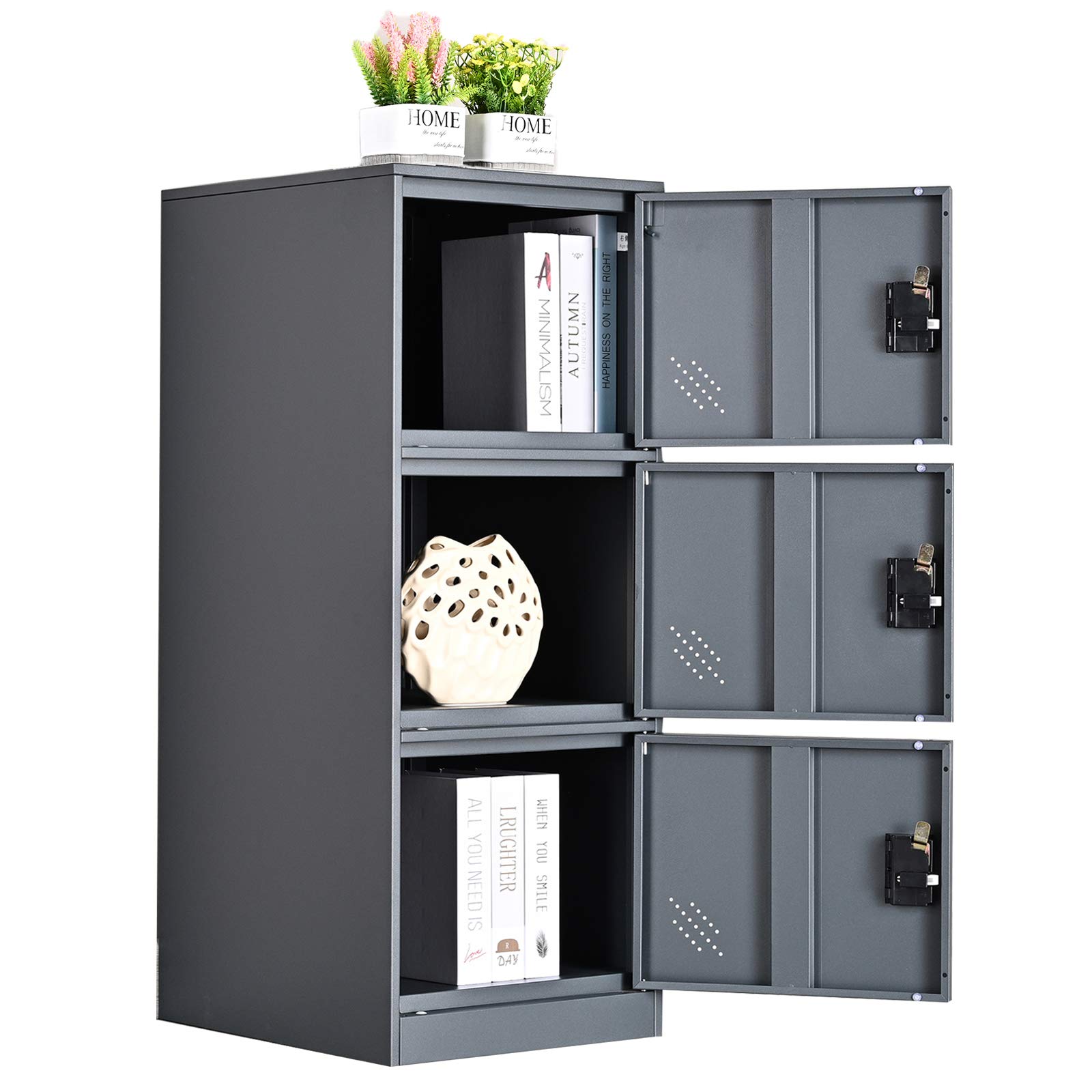 Photo 1 of MECOLOR Vertical Single Tier Small Locker with Padlock latche 2 or 3 Compartment Storage for Employee,Home,Office,School,Kids (Dark Grey, P3V)