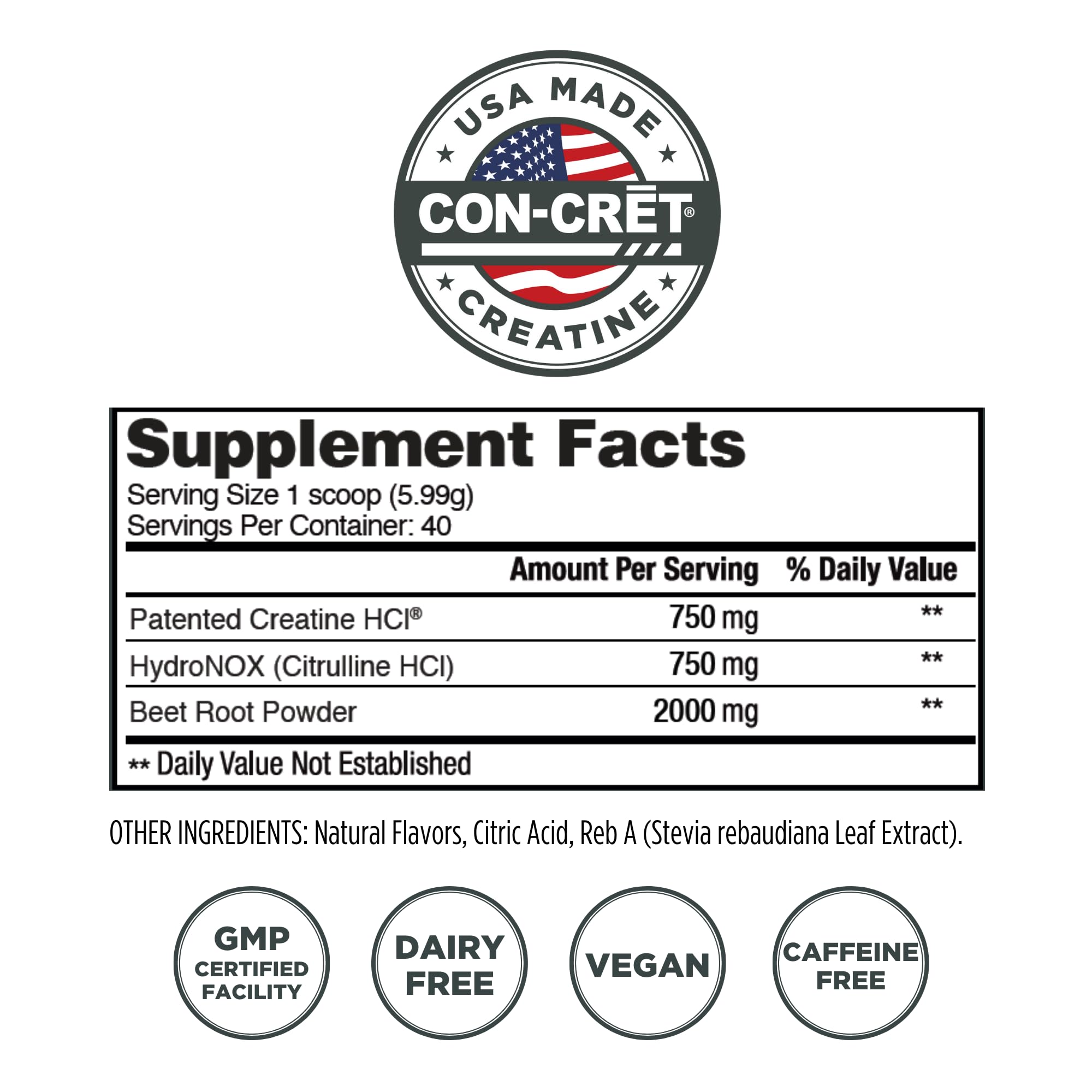 CON-CRET+ Nitric Oxide Booster | Creatine HCl with Citrulline HCl & Beet Root Powder to Support Circulation, Heart Health | Stimulant-Free Preworkout | Blood Orange Berry Flavored (40 Servings)