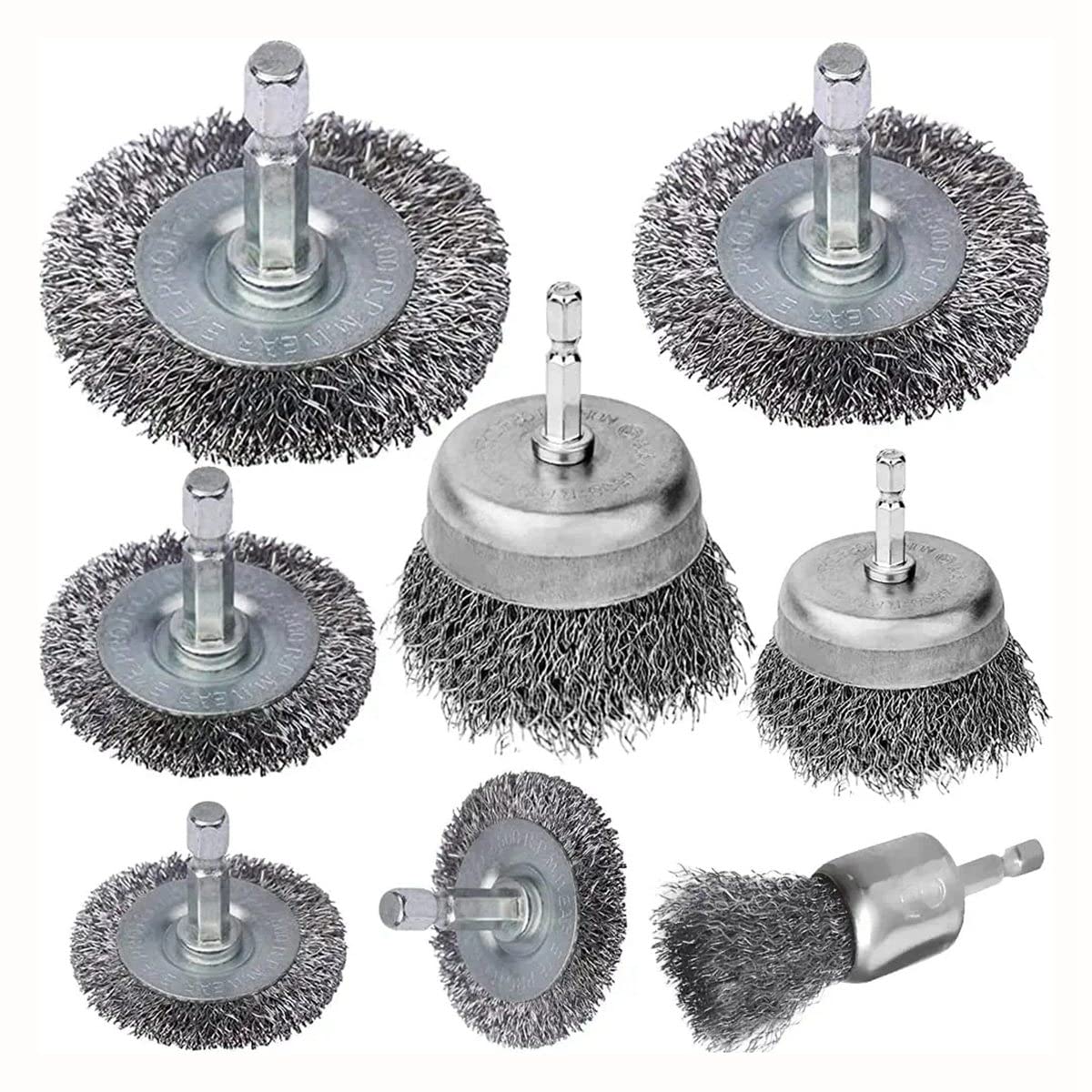 tassieroon 8 Piece Wire Brush Wheel Cup Brush Set 1/4Inch Hex Coarse Crimped Carbon Steel Wire Wheel for Rust Removal