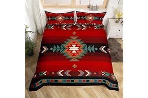 Feelyou Queen Size Southwest Native Design Duvet Cover Southwestern Geometric Bedding Set for Kids Ultra Soft Tribal Comforter Cover Set Red Green Bedspread Cover Room Decor Bedclothes Zipper