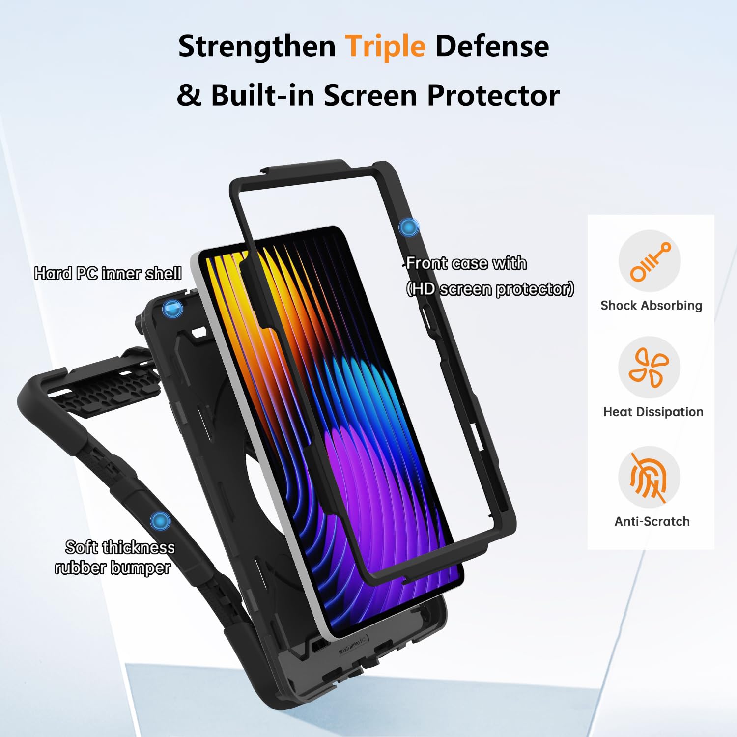 ROISKIN Hülle für Xiaomi Mi Pad 7/7 Pro 11,2 Zoll 2024 mit Displayschutz & Schultergurt & Stifthalter,Heavy Duty Stoßfeste Military Xiaomi Pad 7 Hülle,360 Drehbarer Ständer für Kinder,Schwarz 4