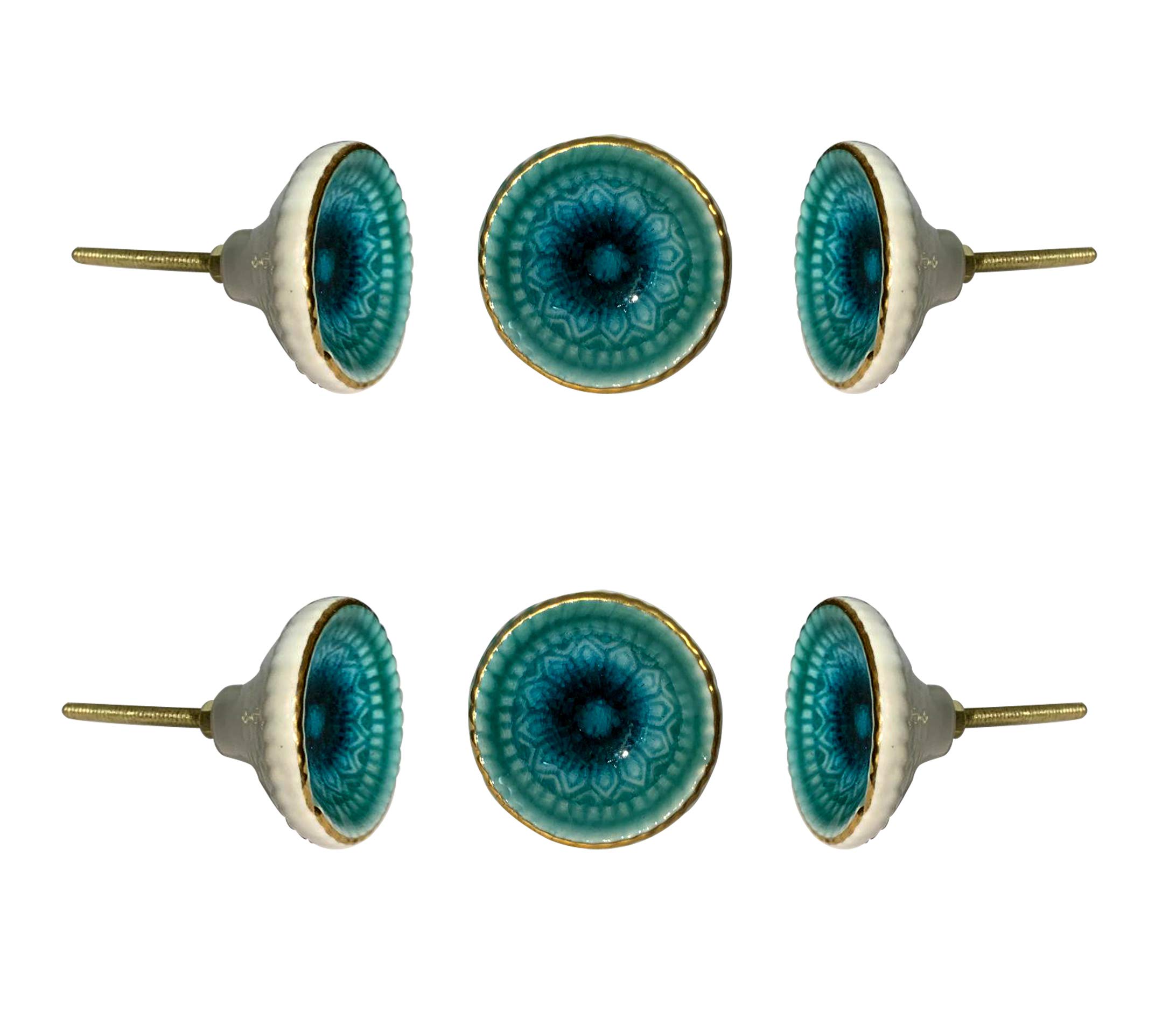 Perilla Home Set of 6 Marrakech Ceramic Turquoise Knob Round Small Knobs Kitchen Cabinet Cupboard Glass Door Dressser Wardrobe and Drawers Pull Knob