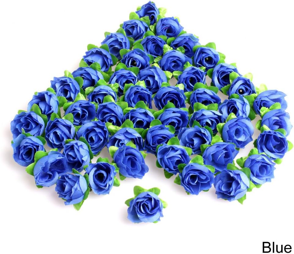 Logres 50pcs Roses Artificial Silk Flower Heads DIY Small Bud Party Wedding Home Decor (Blue)