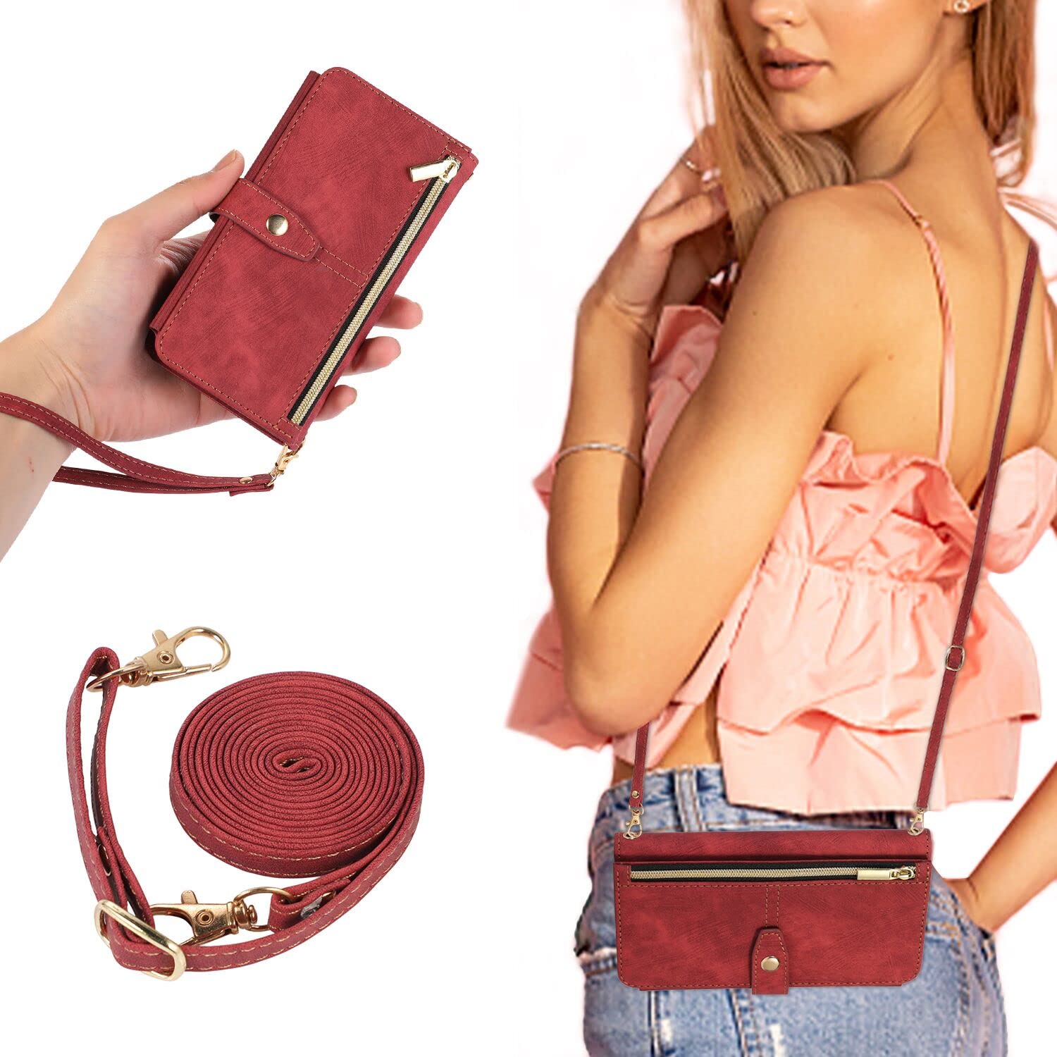 UEEBAI Crossbody Wallet Case for iPhone 14 6.1 inch, 9 Card Slots Magnetic Zipper Cover Adjustable Detachable Lanyard Strap Flip Case with Hand Strap Kickstand Case - Red