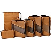 Compression Packing Cubes for Travel – 6-Pack Expandable Luggage Organizer Bags | Lightweight Storage Solution for Suitcase, Backpack & Carry-On | Travel Accessories for Men & Women (Brown & Camel)