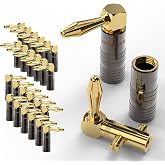 FosPower Right Angle Banana Plugs (12 Pairs/24 Pcs) Speaker Wire Connector | 90-degree right angle banana plugs with closed screw 24K gold-plated design for speaker wire, receivers &amp; wall plates.