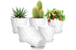 Meowell 5 inch Plant Pots for Indoor Outdoor Plants, 6 Pack Thick Nursery Pots with Drainage Holes and Saucers, 3D Modern Wave Texture Small Plastic Planter Flower Pots for Succulent, Herb, White