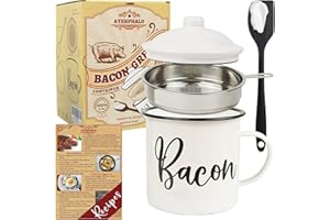 AYERPHALO Bacon Grease Container with Strainer - With Food-Grade Silicone Spatula , 46oz Large Enamel Rustic Farmhouse Fat Container , Keeper , Recipes , Dishwasher Safe