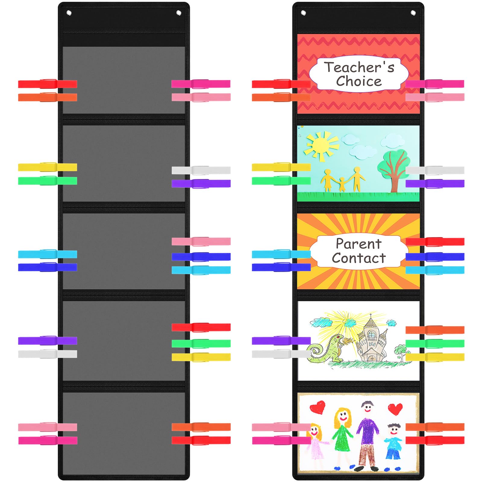 Photo 1 of MotiMind 2 Sets Student Behavior Clip Chart for Classroom, 2 Pcs Black 5 Pockets Storage Pocket Chart with 24 Wooden Clips for Drawing, Pictures, Demonstrations, Homework, Teacher Office Organization