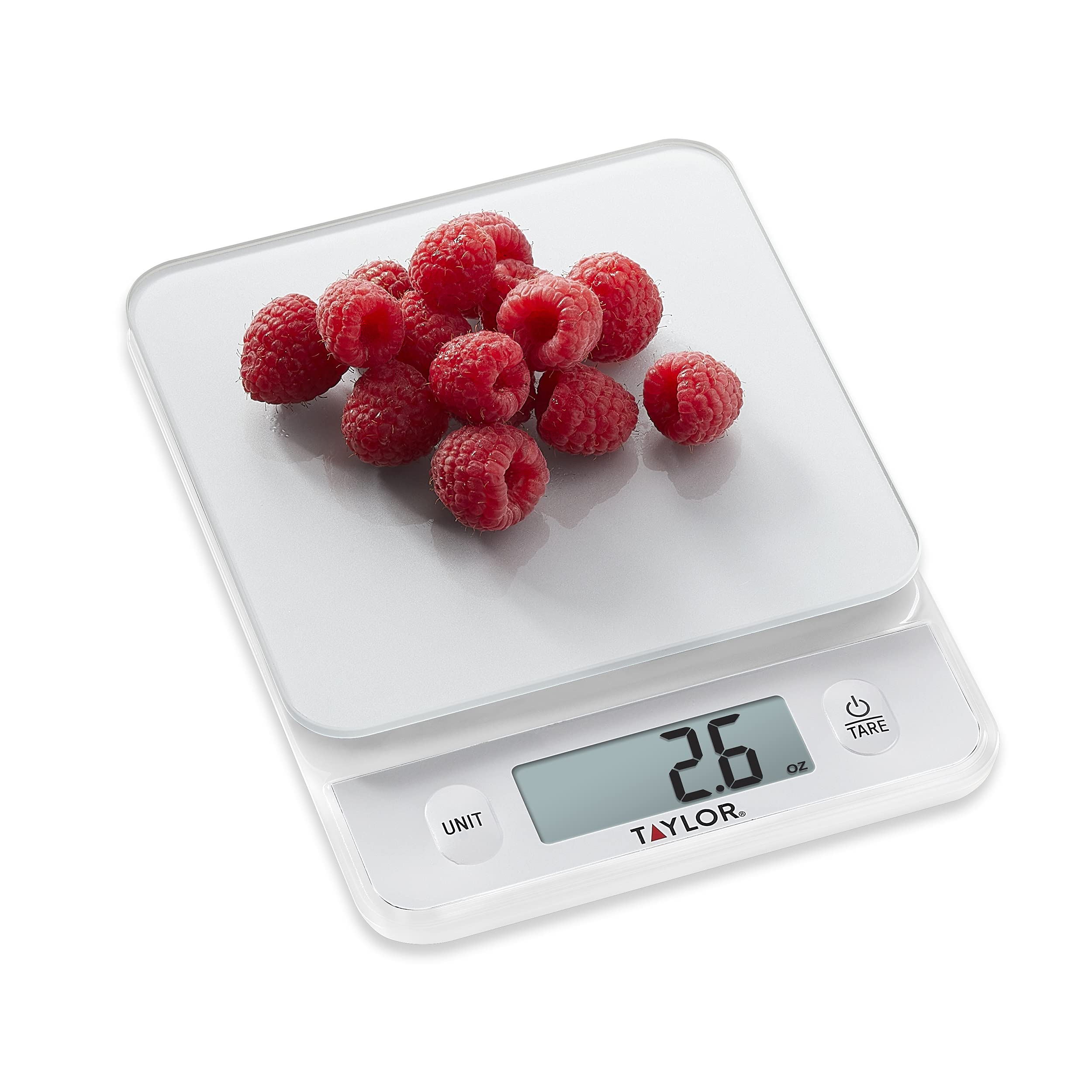 Taylor Glass Top Food Scale with Touch Controls, 11 lb Capacity, Sleek Silver Design, Accurate and Easy-to-Use Scale for Cooking and Baking