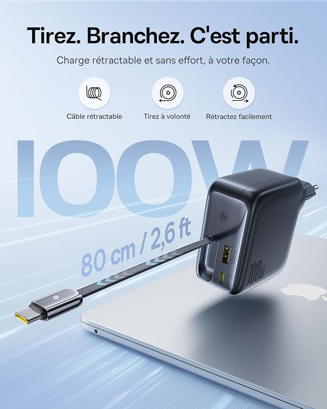Enercore Chargeur USB C 100 W avec câble Extensible, 3 Ports GaN, Chargeur Rapide PD Compatible avec MacBook Pro Air, Dell, HP, iPad, iPhone 17-8 Pro Max Plus, Galaxy S25-S20 Ultra