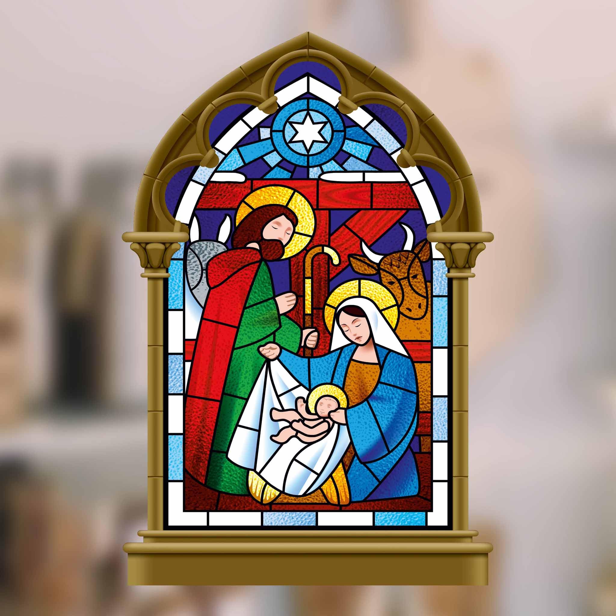 Stickers4 Beautiful Christmas Nativity Window Stickers - Double Sided Stained Glass Cling Nativity Scene Christmas Decoration Window Stickers for Glass - Small