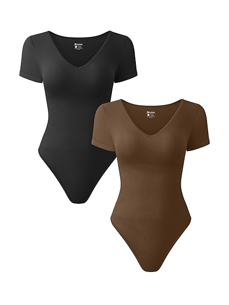 OQQ WOMEN 2 PIECE BODYSUITS SEXY RIBBED SHORT SLEEVE V NECK STRETCH TANK TOPS BODYSUITS BLACK COFFEE, SMALL