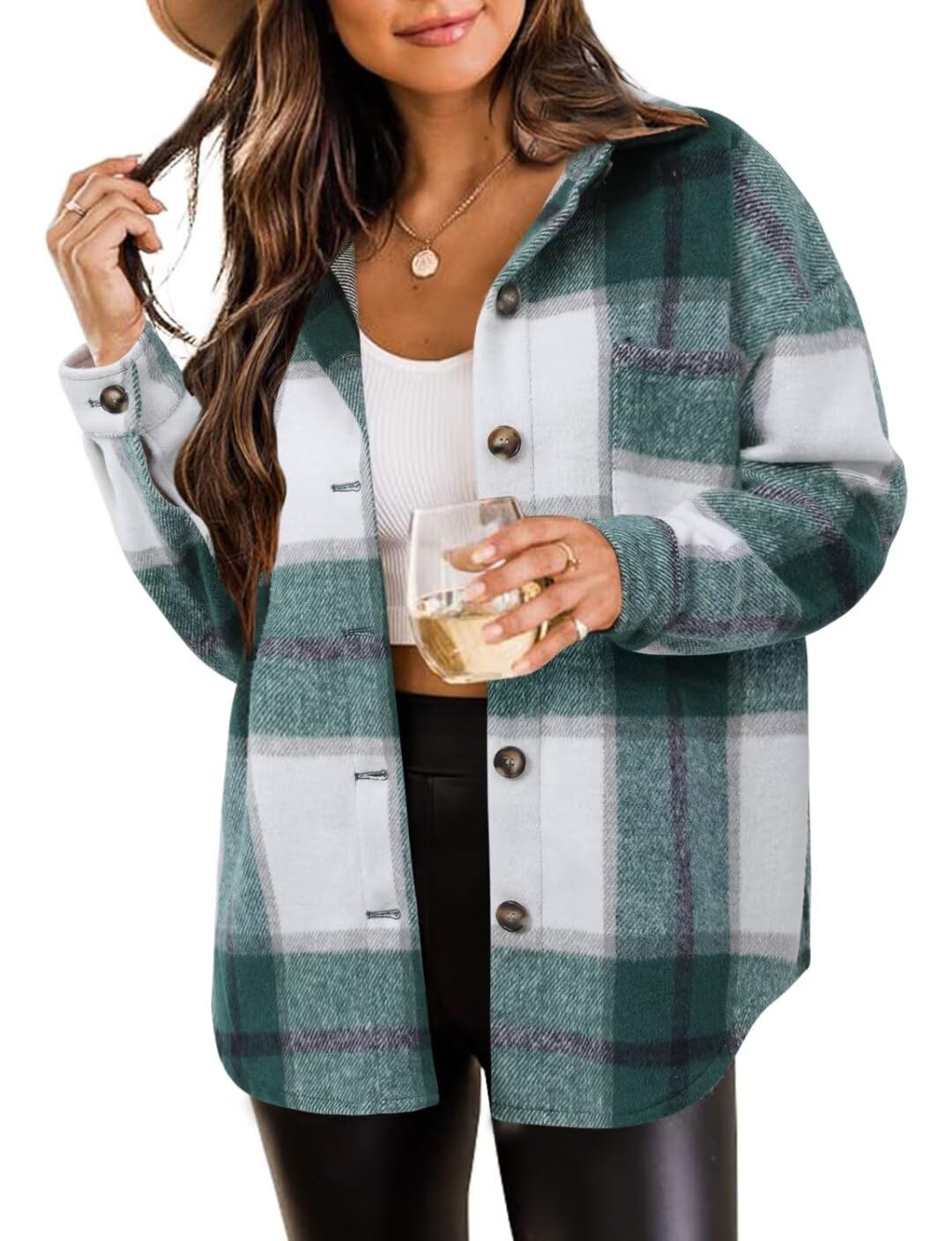 ZOLUCKY Flannel Shacket for Women Green Plaid