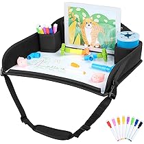 Kids Travel Tray For Car & Plane - Foldable Lap Desk Organizer With Pockets & Adjustable Straps For Long Trips
