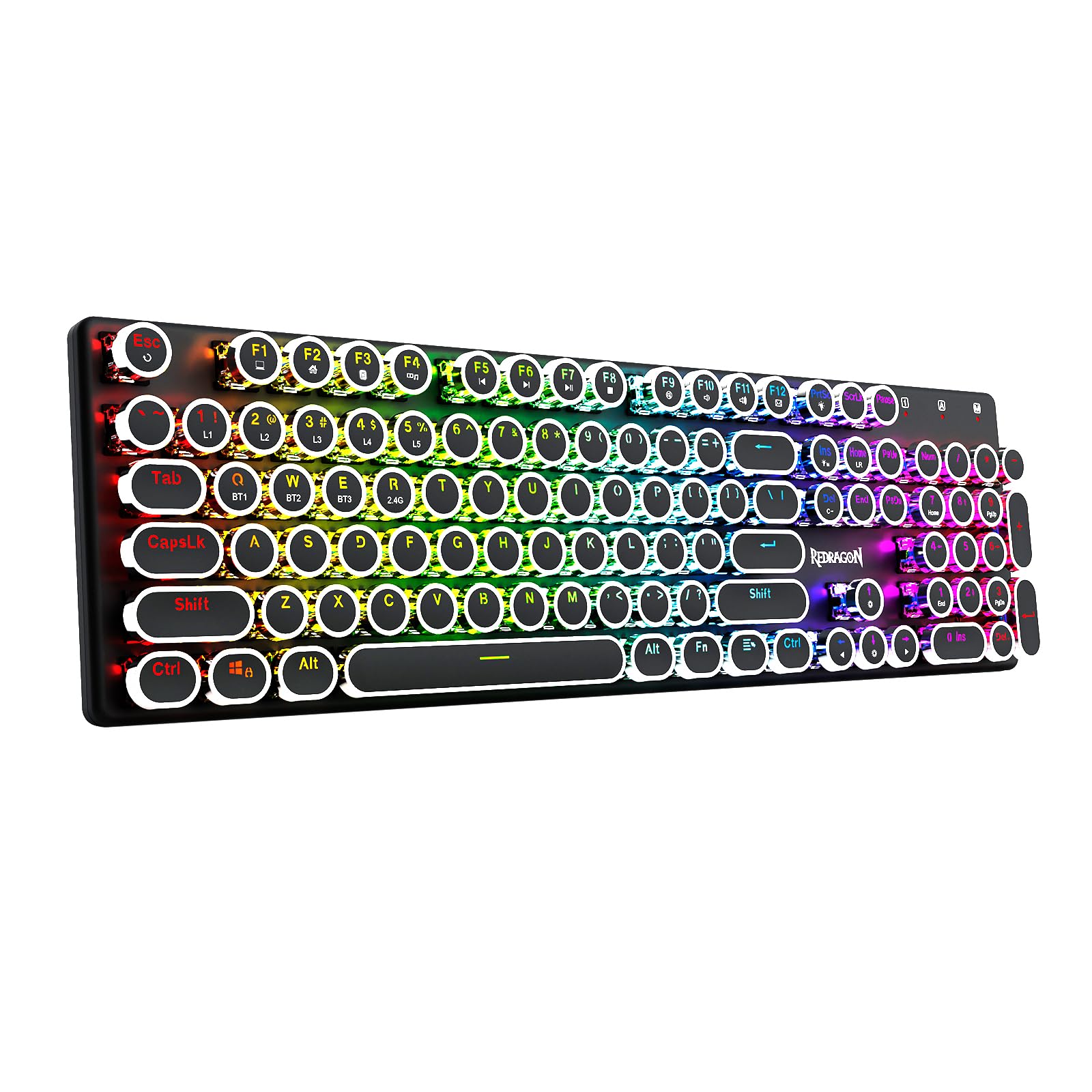 Redragon K710 Wireless Typewriter Style Mechanical Gaming Keyboard, Bluetooth/2.4Ghz/Wired, RGB Backlit, Rechargeable, Blue Switch - Clicky, Metal Panel, Round Keycaps, Black