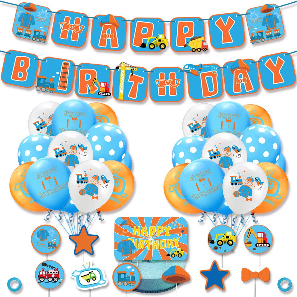 XYDZ Blippi Birthday Party Decorations Set, Blippi Birthday Latex Balloons Birthday Cake Topper and Happy Birthday Banner for Kids boy Blippi Birthday Themed Birthday Party Decorations Supplies Set