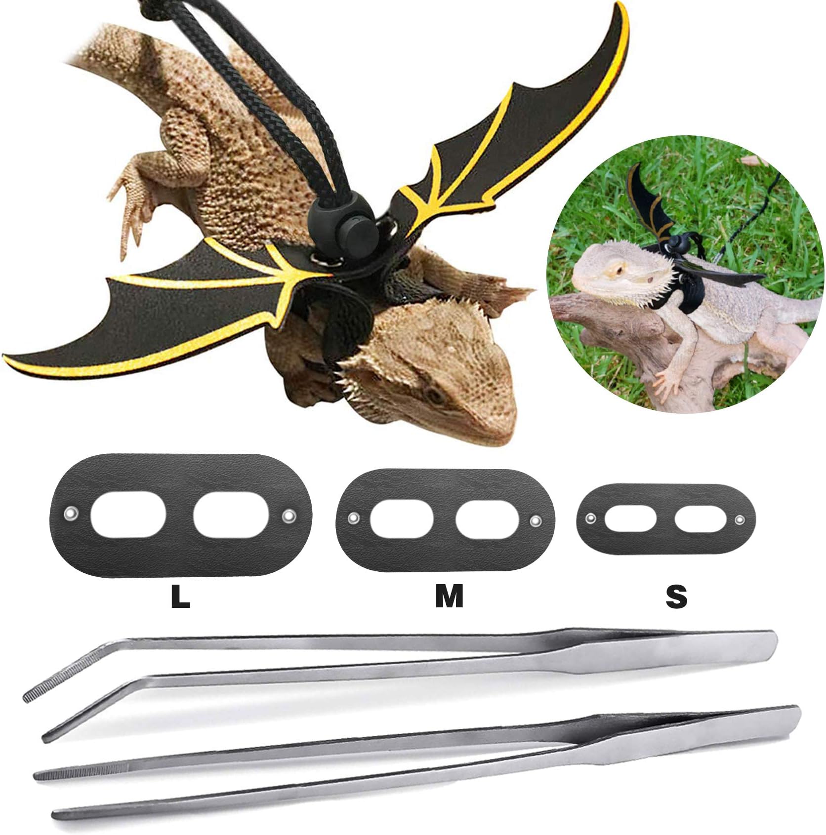 Sayopin Adjustable Reptile Bearded Dragon Harness + 2pcs Reptile Feeding Pliers Stainless Steel Feeder Tool, Reptile Harness Suitable for Small, Medium and Large Reptiles