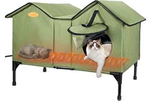 VILRAK Large Heated Cat House for Outside in Winter, Elevated Waterproof Insulated Outdoor Feral Cat House Shelter for Multiple Cats Small Dogs (Green)