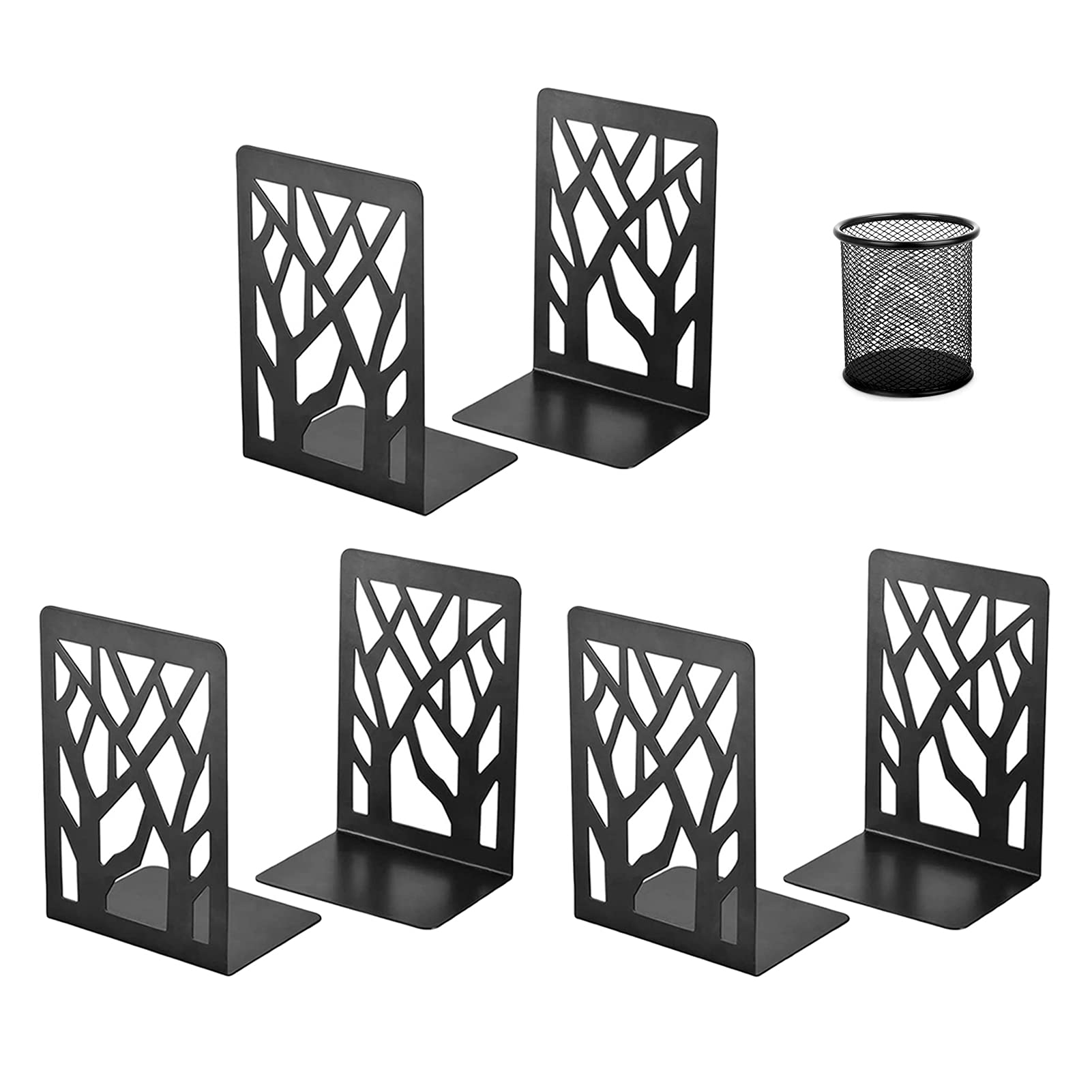 Bookends, 3 Pairs Metal Bookends, Book Holder Shelf, CD Folder Holder, DVD Decorative Bookstand for Heavy Books, Bookends for Home Office, Book Stopper, with 1 Pen Holder (Black)