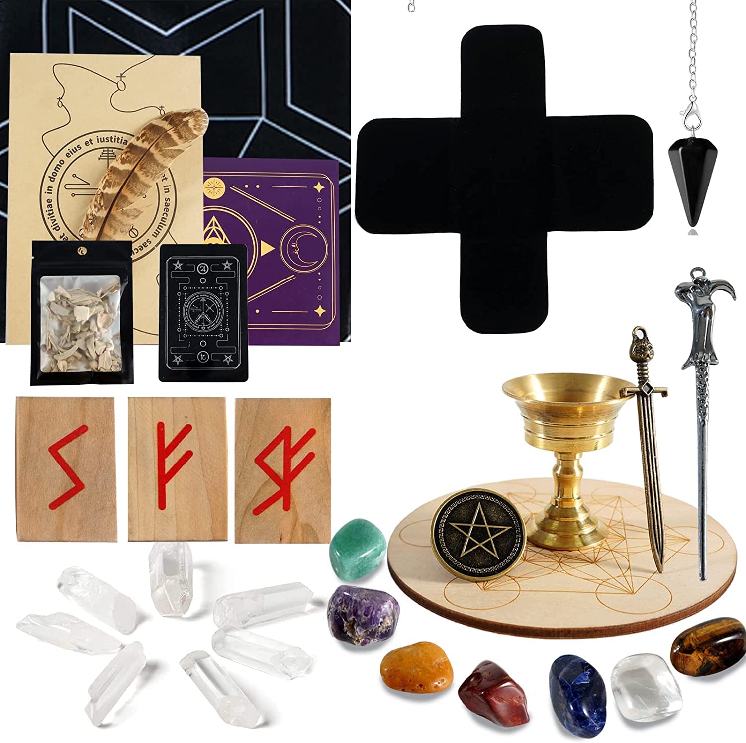 Soulnioi Crystals Healing Stones Set, Witchcraft Supplies Set with 7 Chakra Stones, Sage, Scepter, Star Coin, Sword, Grail, Obsidian Pendulum, Turkey Feather, Rune for Meditation Spiritual Healing