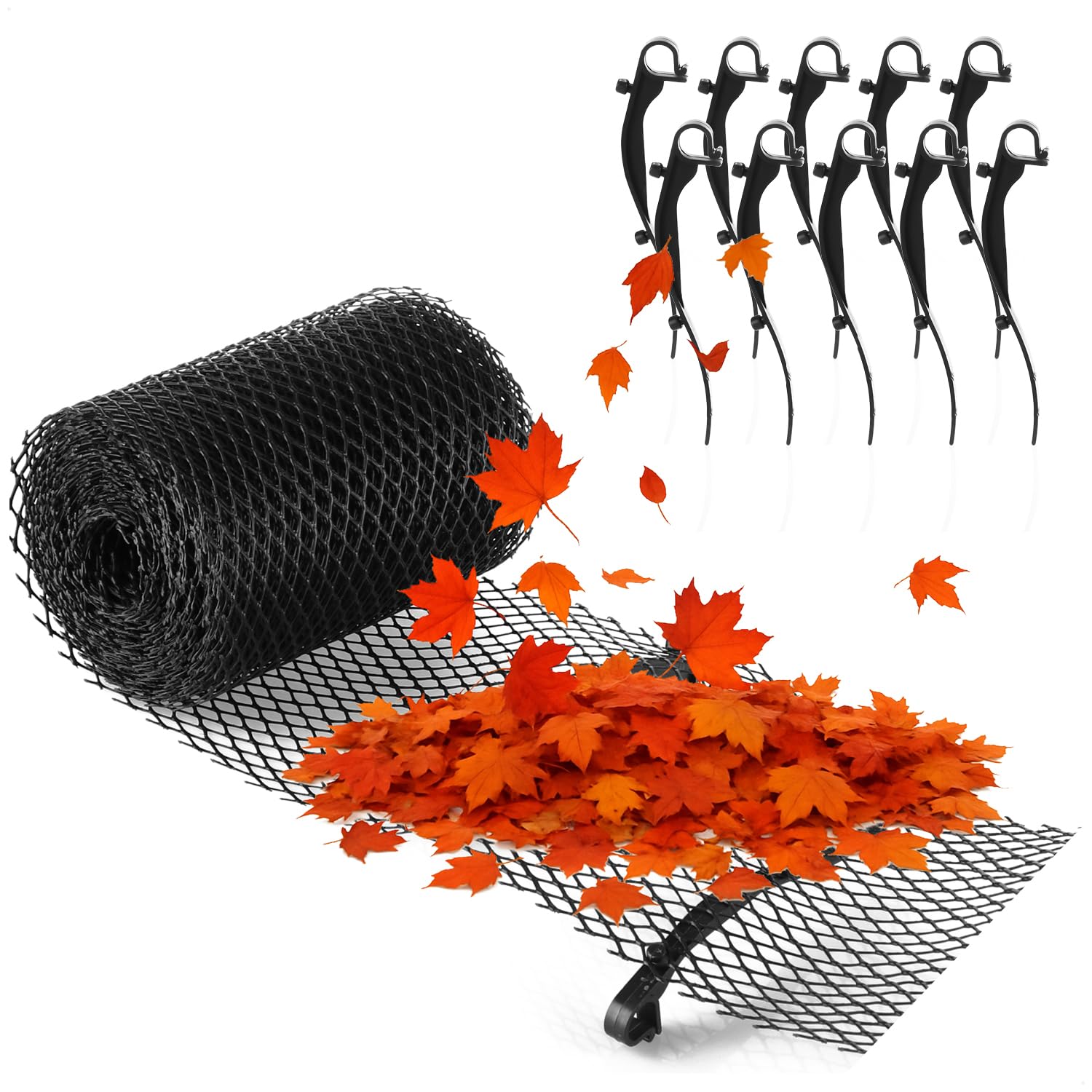 com-four® 8 meter roll of gutter protection for house, carport, stable with 10 clamps - cuttable - gutter protection set (Set 3 - Roll 8m / 10 Clips)