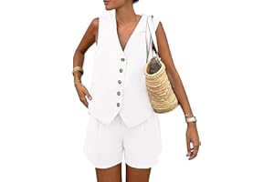 PRETTYGARDEN Women's Summer 2 Piece Outfits Sleeveless Matching Sets Button Down V Neck Vest Waistcoat and Pockets Shorts
