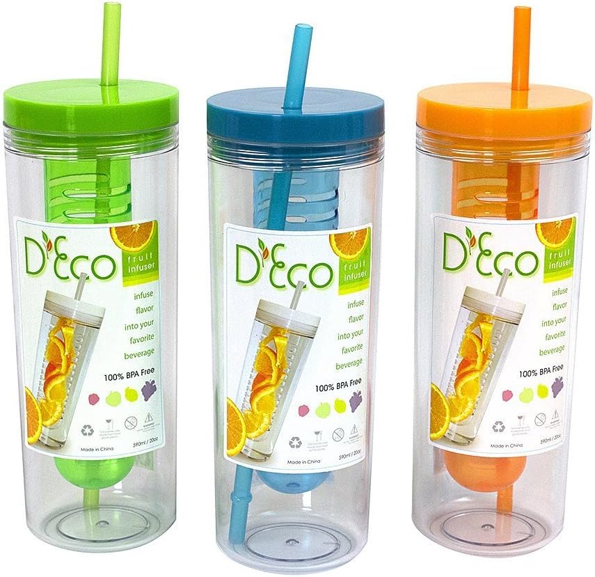 Fruit Infuser Water Bottle with Straw - 20 oz - BPA Free (Set of 3- Orange, Blue, and Green)