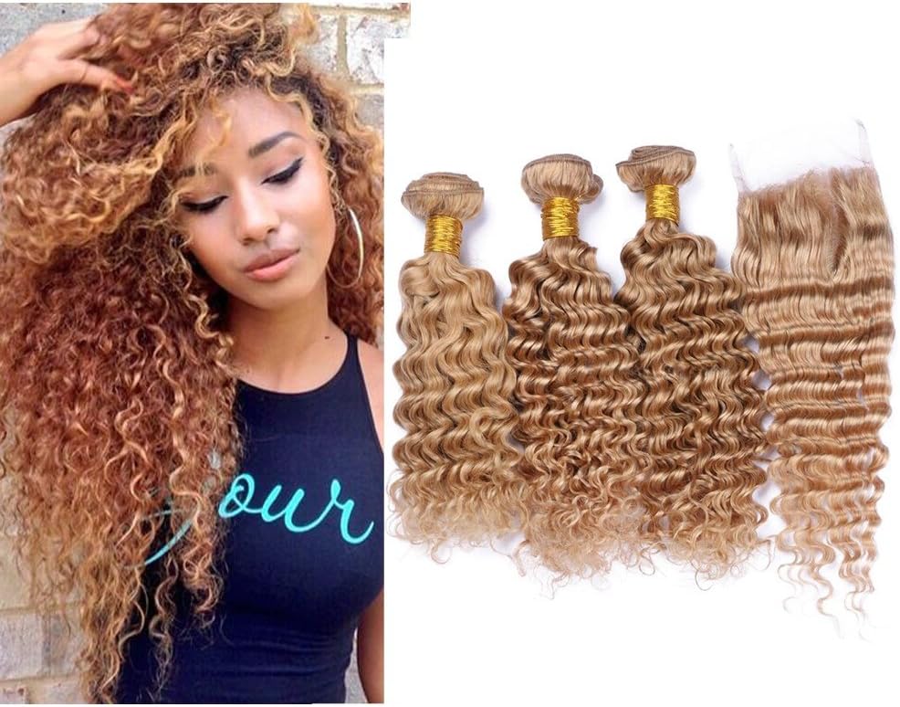 Mila 3 Bundles Human Hair Weave Deep Wave 27# Honey Blonde 7A Brazilian Virgin Curly Hair Bundles Extensions 100g/Bundles with Lace Closure(14"16"18"+12"closure)