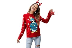 Ivnkeenes Ugly Christmas Sweater Adult Women Novelty Print Crew Neck Funny Penguin Long Sleeve Festival Pullover Sweater