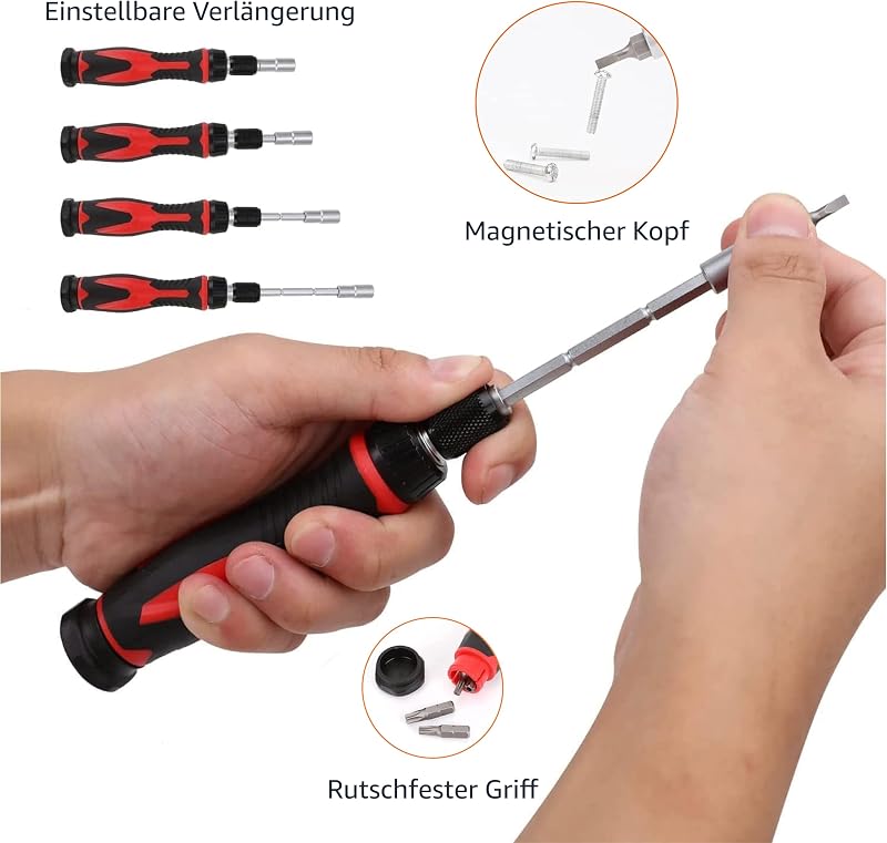 Ratschenschlüssel magnetisch und PräzisionsSchraubendreher für Elektronik, 73 stück, 1er-Pack, Schwarz/Silber/Rot