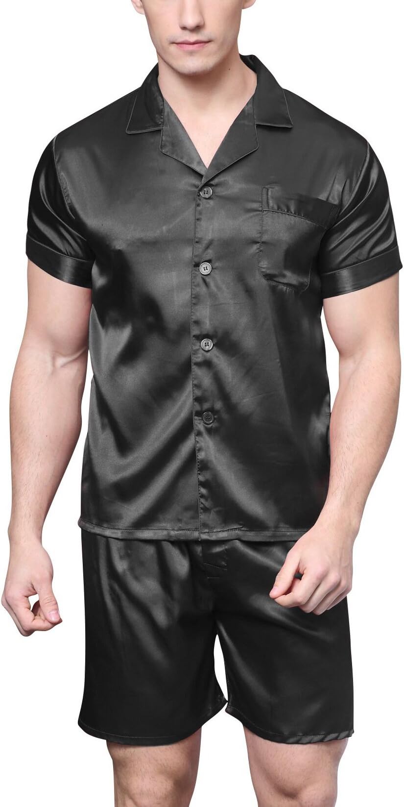 SanraflicMen's Short Sleeve Satin Pyjama Set with Shorts