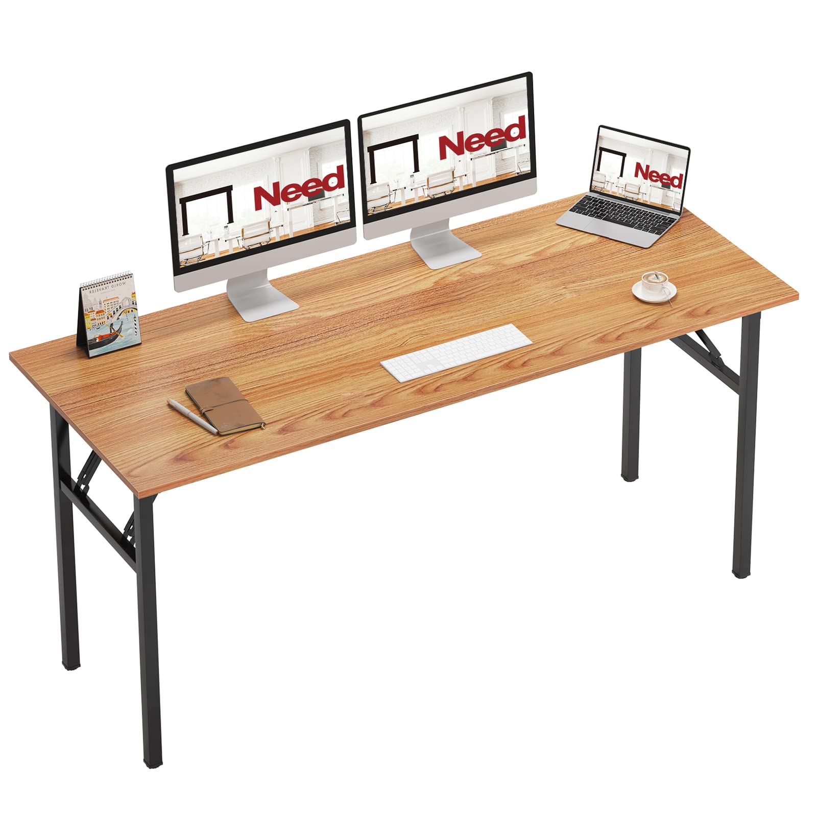 Need Home Office Desk - 62 Inches Large Computer Desk Sturdy Black Table Foldable Desk Gaming Computer Table No Assembly Required Teak AC5BB(157.5 * 60)