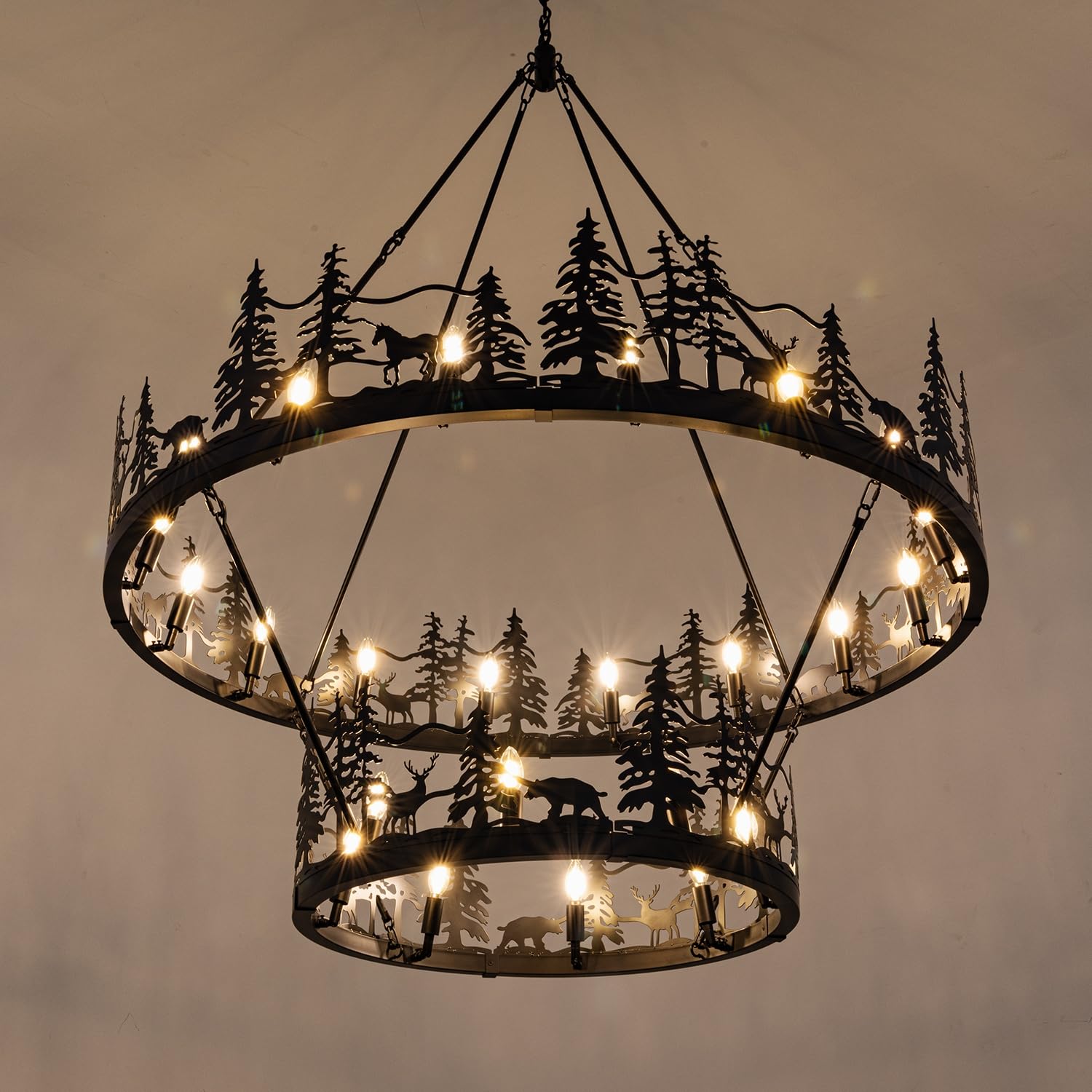Photo 1 of Wellmet 2-Tier Black Wagon Wheel Chandelier, Forest Wagon Wheel Chandelier, Farmhouse Rustic Pendant Light for Dining Room, for Living Room, Bedroom, Entryway, Hallway, Cafe, Bar 50''W
