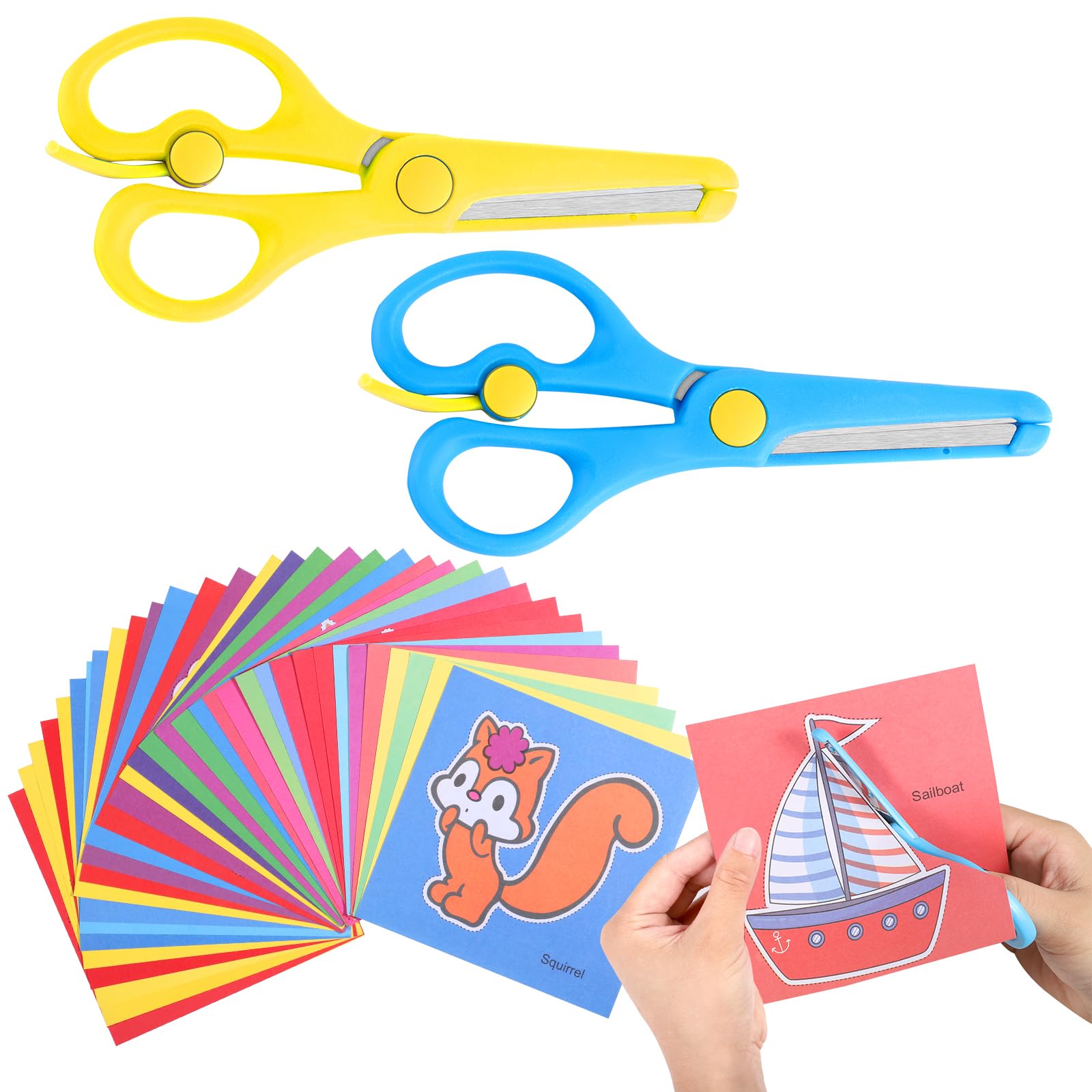 2 Pcs Kids Scissors, Childrens Safety Stainless Steel Scissors Safety Edge Plus Elasticity Design Toddler Right/Left Handed(93 Animal Paper-Cuts)